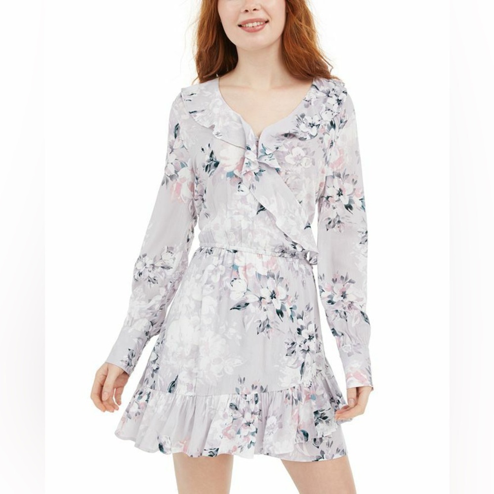 American Rag Womens Violet Floral Printed Ruffle Trimmed Wrap Dress